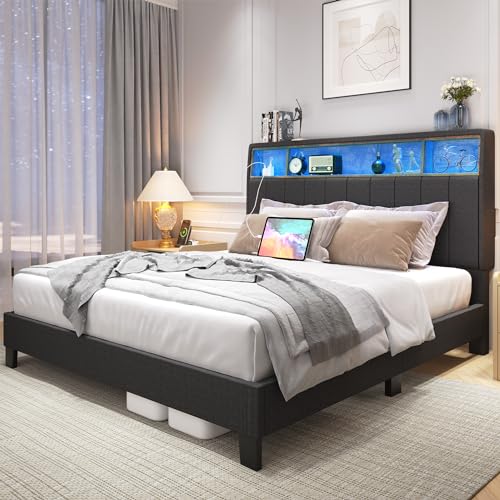 Queen Bed Frame with Storage Headboard, Upholstered with LED