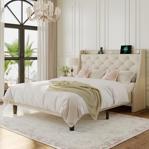 Einhorn Queen Bed Frame with Wingback Storage Headboard
