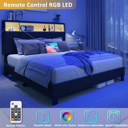 Queen Bed Frame with Storage Headboard, Upholstered with LED