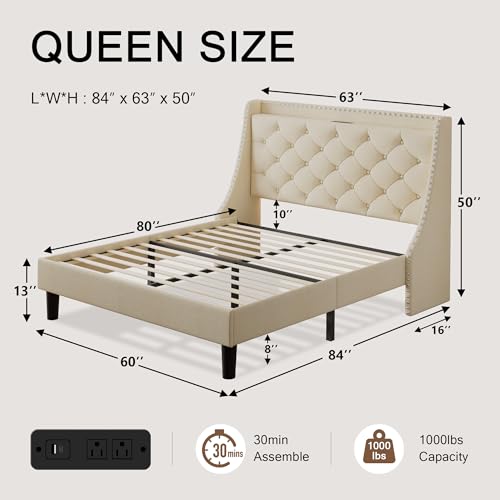 Einhorn Queen Bed Frame with Wingback Storage Headboard