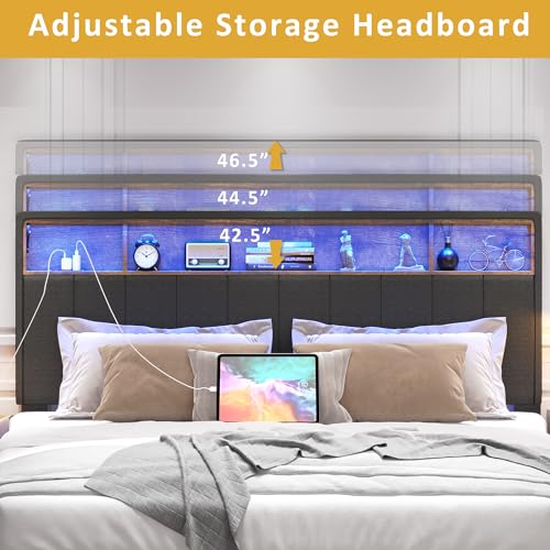 Queen Bed Frame with Storage Headboard, Upholstered with LED