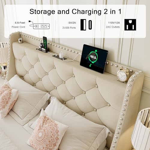 Einhorn Queen Bed Frame with Wingback Storage Headboard