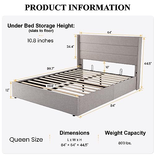 Queen Size Lift-Up Storage Bed with Wingback Headboard