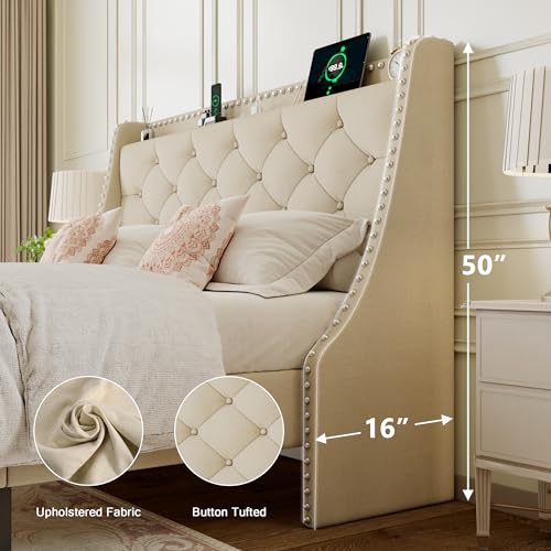 Einhorn Queen Bed Frame with Wingback Storage Headboard
