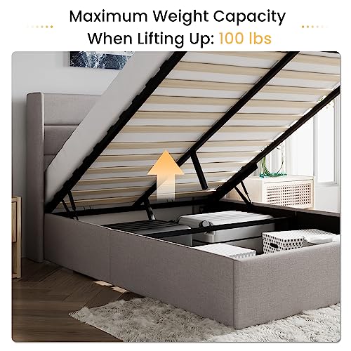 Queen Size Lift-Up Storage Bed with Wingback Headboard