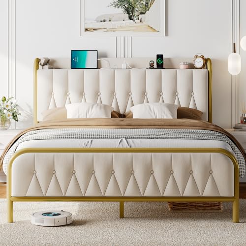 Beige Velvet Upholstered Full Bed Frame with Storage