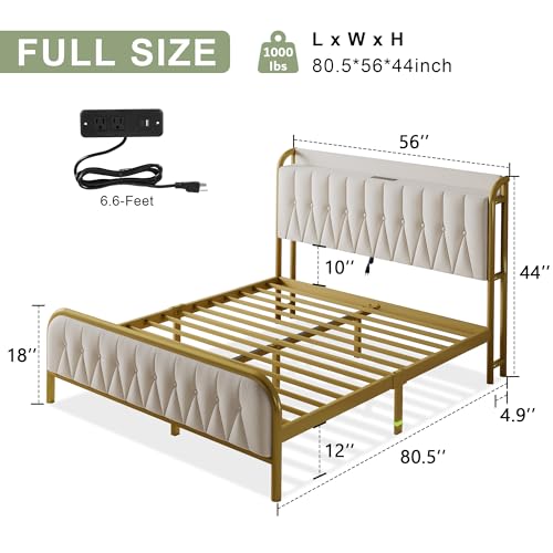 Beige Velvet Upholstered Full Bed Frame with Storage
