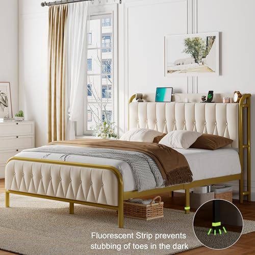 Beige Velvet Upholstered Full Bed Frame with Storage
