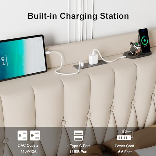 Beige Velvet Upholstered Full Bed Frame with Storage