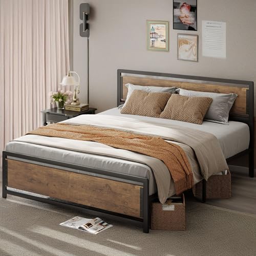 Queen Metal Platform Bed Frame with Wooden Headboard