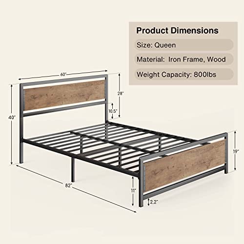 Queen Metal Platform Bed Frame with Wooden Headboard