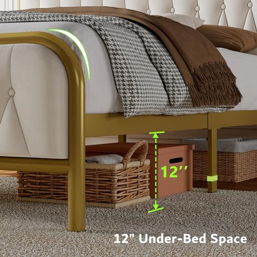 Beige Velvet Upholstered Full Bed Frame with Storage