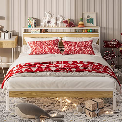 LIKIMIO Full Bed Frame with 2-Tier Storage Headboard