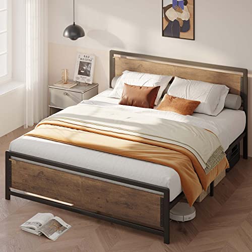 Queen Metal Platform Bed Frame with Wooden Headboard