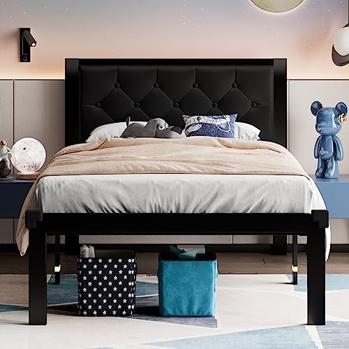 Feonase Twin Metal Bed Frame with Button Tufted Headboard