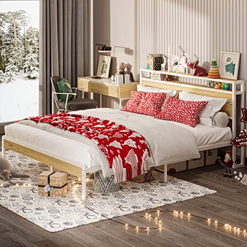 LIKIMIO Full Bed Frame with 2-Tier Storage Headboard