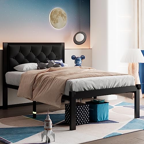 Feonase Twin Metal Bed Frame with Button Tufted Headboard
