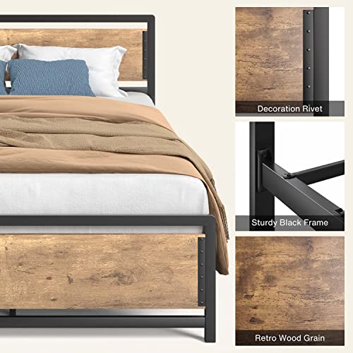 Queen Metal Platform Bed Frame with Wooden Headboard