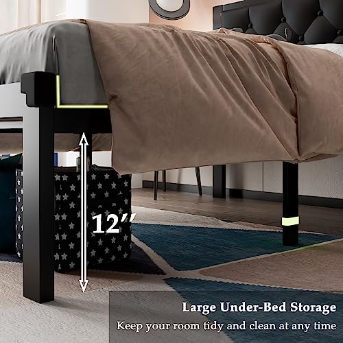Feonase Twin Metal Bed Frame with Button Tufted Headboard