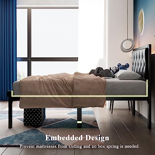 Feonase Twin Metal Bed Frame with Button Tufted Headboard