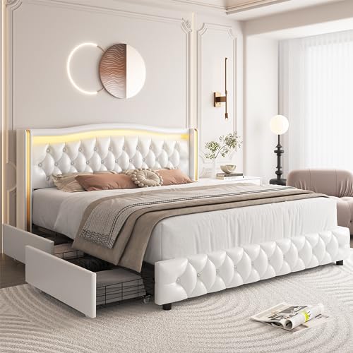 Queen LED Platform Bed with 4 Storage Drawers