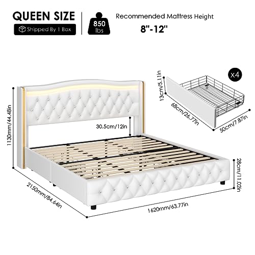 Queen LED Platform Bed with 4 Storage Drawers