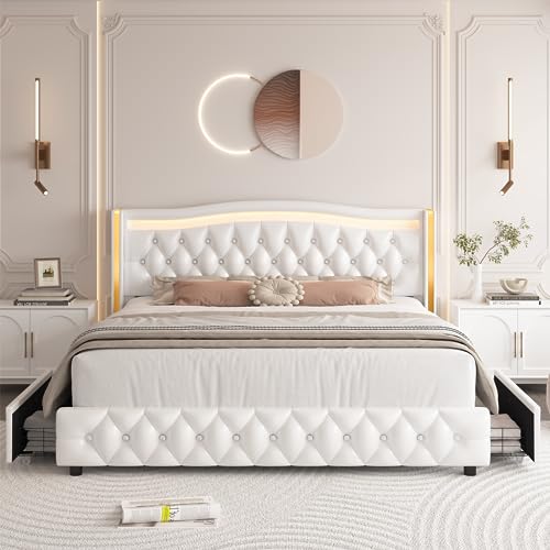 Queen LED Platform Bed with 4 Storage Drawers