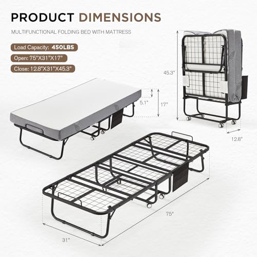 MELLCOM Portable Folding Bed with 5 Inch Foam Mattress