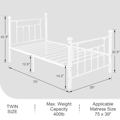VECELO Twin Metal Bed Frame with Head/Footboard, Slat Support