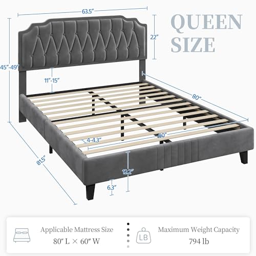 Velvet Upholstered Queen Bed Frame with Curved Headboard