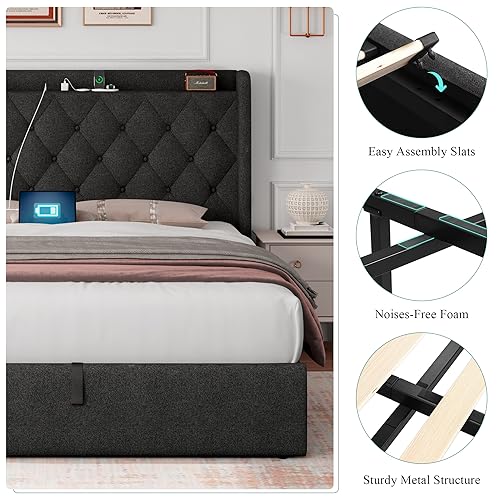 Full Size Lift Up Storage Bed with Charging Ports