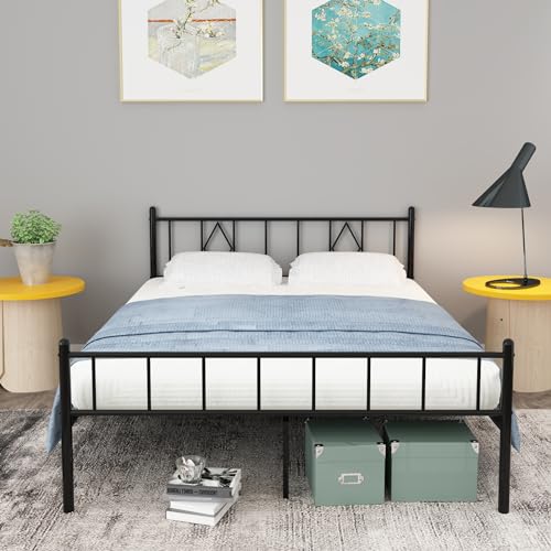 Queen Metal Platform Bed with Iron-Art Headboard, Storage