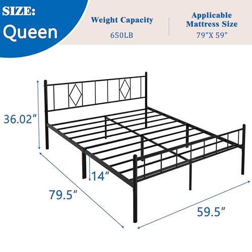 Queen Metal Platform Bed with Iron-Art Headboard, Storage