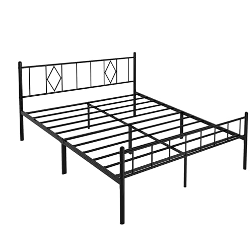 Queen Metal Platform Bed with Iron-Art Headboard, Storage