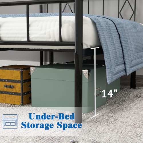 Queen Metal Platform Bed with Iron-Art Headboard, Storage