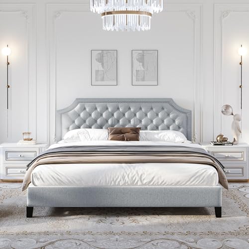 Grey Linen Upholstered King Size Bed Frame with Nail Headboard