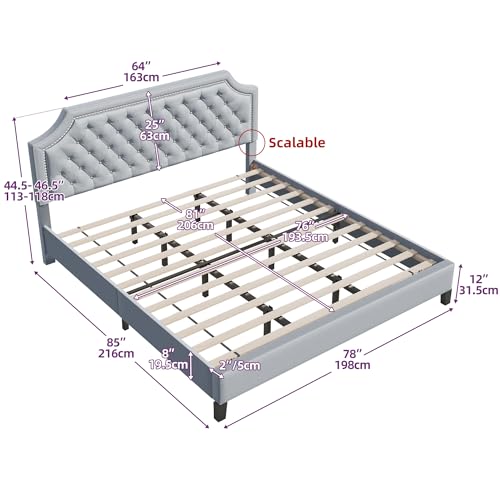 Grey Linen Upholstered King Size Bed Frame with Nail Headboard