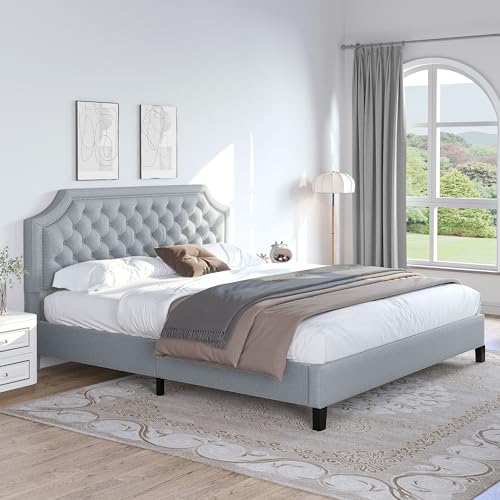 Grey Linen Upholstered King Size Bed Frame with Nail Headboard