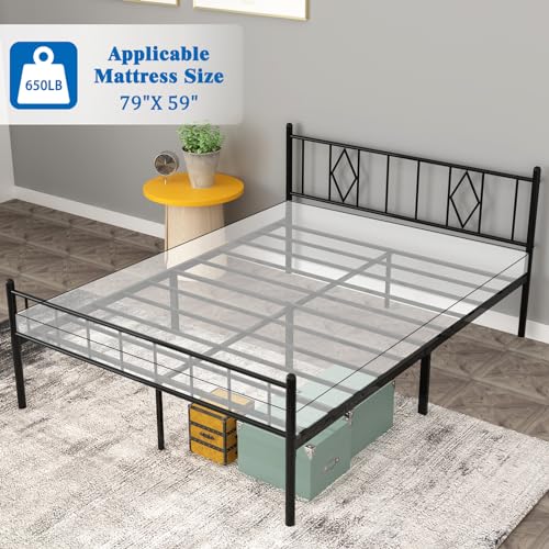 Queen Metal Platform Bed with Iron-Art Headboard, Storage