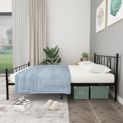 Queen Metal Platform Bed with Iron-Art Headboard, Storage