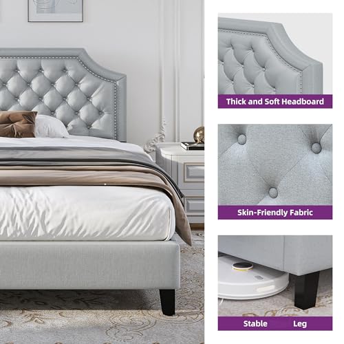 Grey Linen Upholstered King Size Bed Frame with Nail Headboard