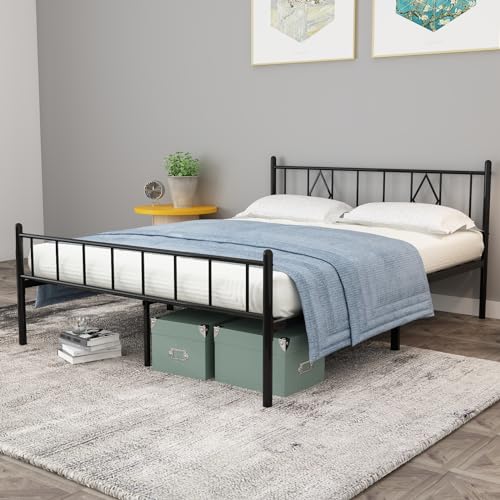 Queen Metal Platform Bed with Iron-Art Headboard, Storage