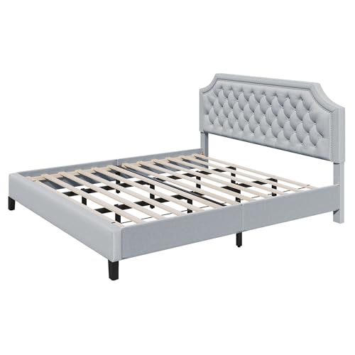 Grey Linen Upholstered King Size Bed Frame with Nail Headboard