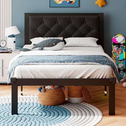 Twin Size Metal Bed Frame with Leather Headboard