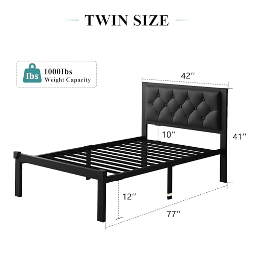 Twin Size Metal Bed Frame with Leather Headboard