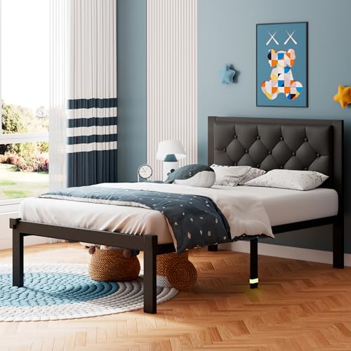 Twin Size Metal Bed Frame with Leather Headboard