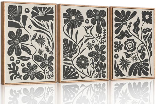 Black Floral Botanical Framed Canvas Wall Art Set, Abstract Market Decor, Vintage Boho Minimalist Art Print