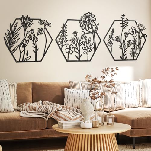 Hexagonal Metal Flower Wall Decor Set for Indoor/Outdoor