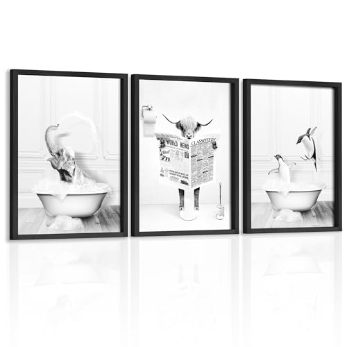 Farmhouse Style Framed Bathroom Wall Art Set, Funny Animals