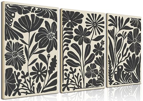 Black Floral Botanical Canvas Wall Art Prints Set